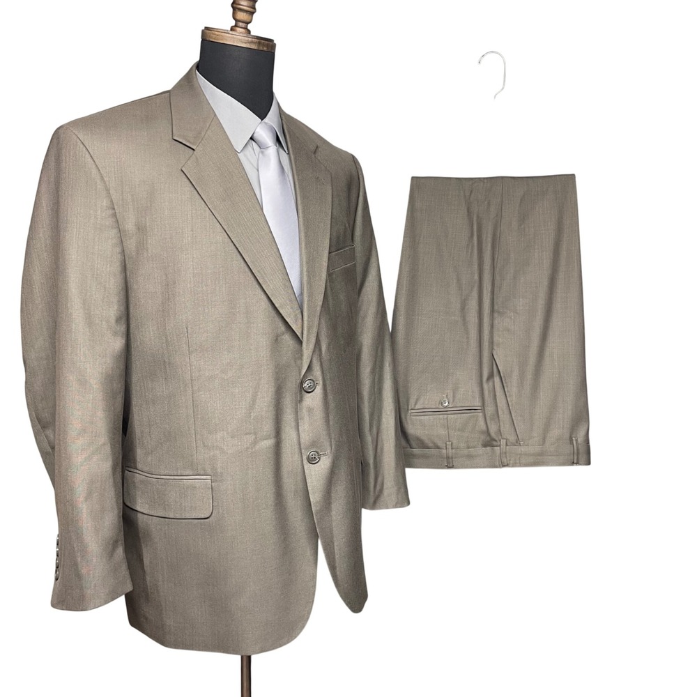George Suit Men 48R Tan 2-Pc Blazer Jacket Flat Front Pants Set 39x29 Classic